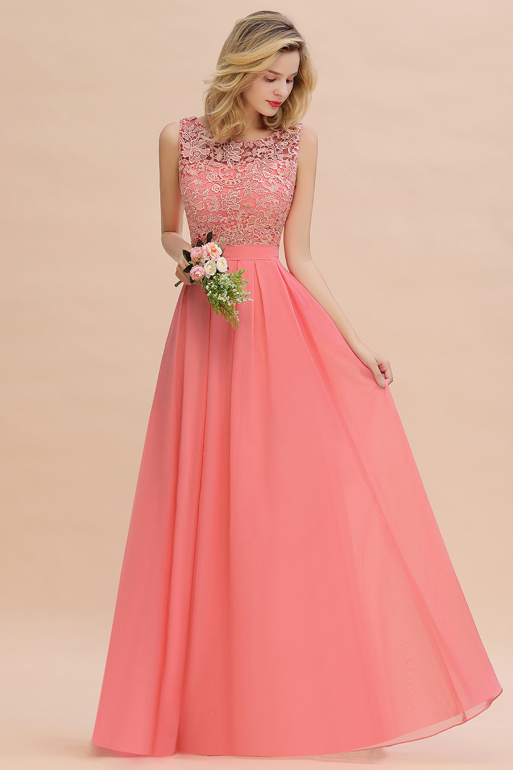Beautiful Bateau A-line Floor-length Appliques Lace Chiffon Bridesmaid Dress