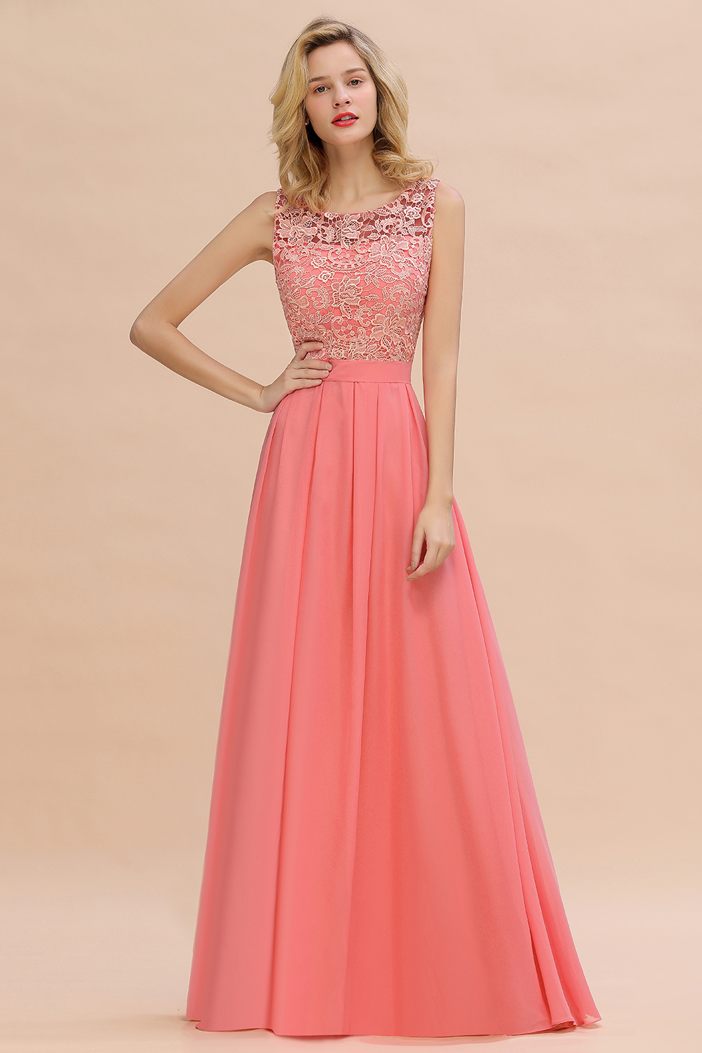 Beautiful Bateau A-line Floor-length Appliques Lace Chiffon Bridesmaid Dress