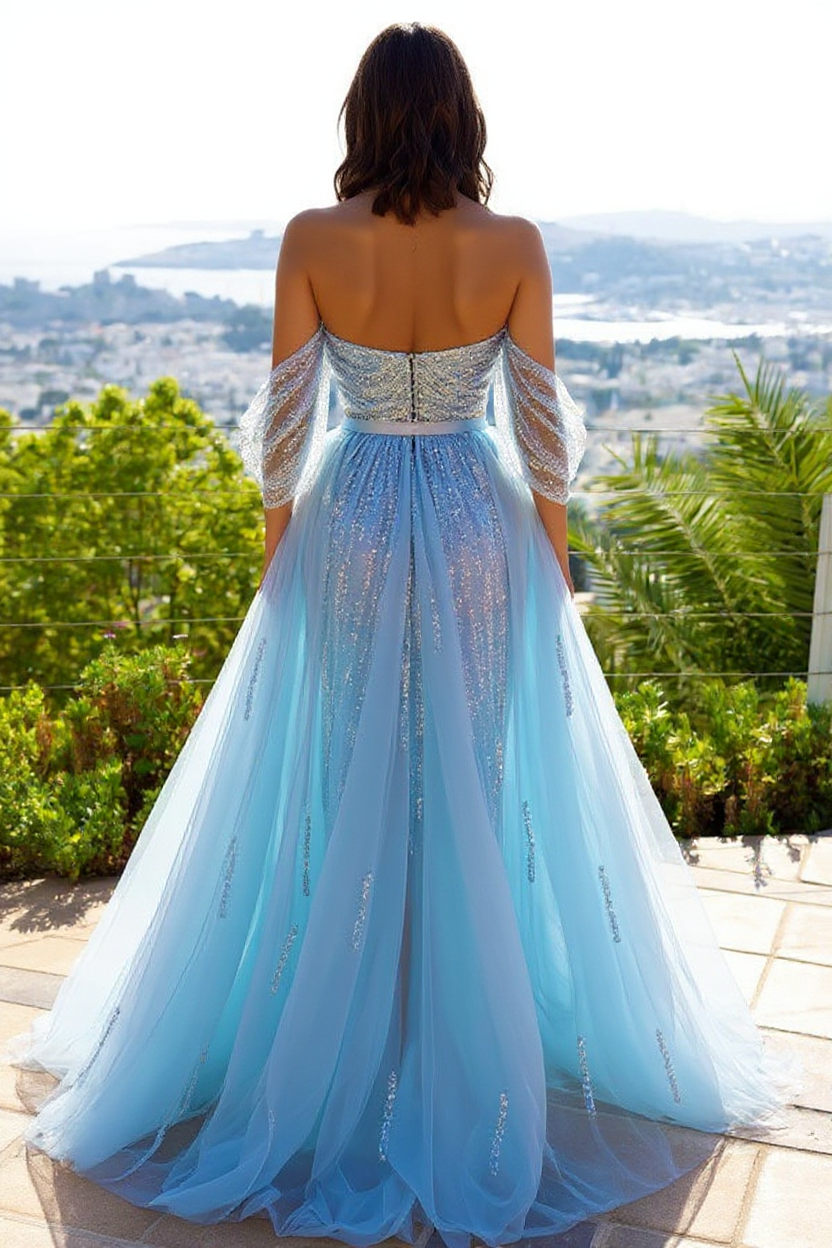Beautiful Long Mermaid Off-the-shoulder Tulle Glitter Front Slit Prom Dress