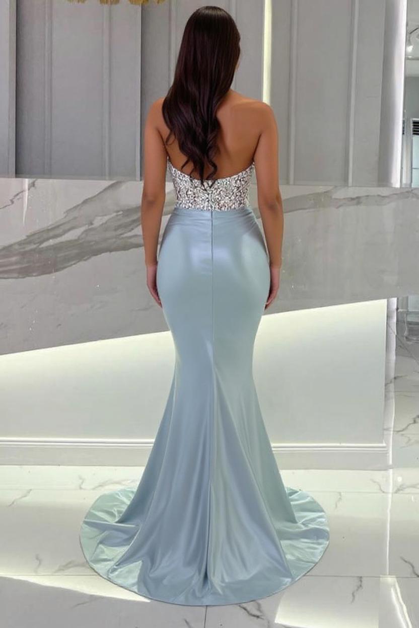 Beautiful Mermaid Sweetheart Strapless Satin Long Beading Prom Dress