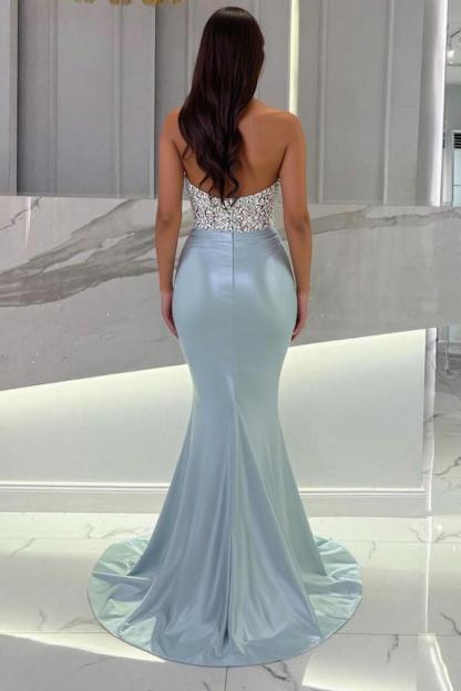 Beautiful Mermaid Sweetheart Strapless Satin Long Beading Prom Dress