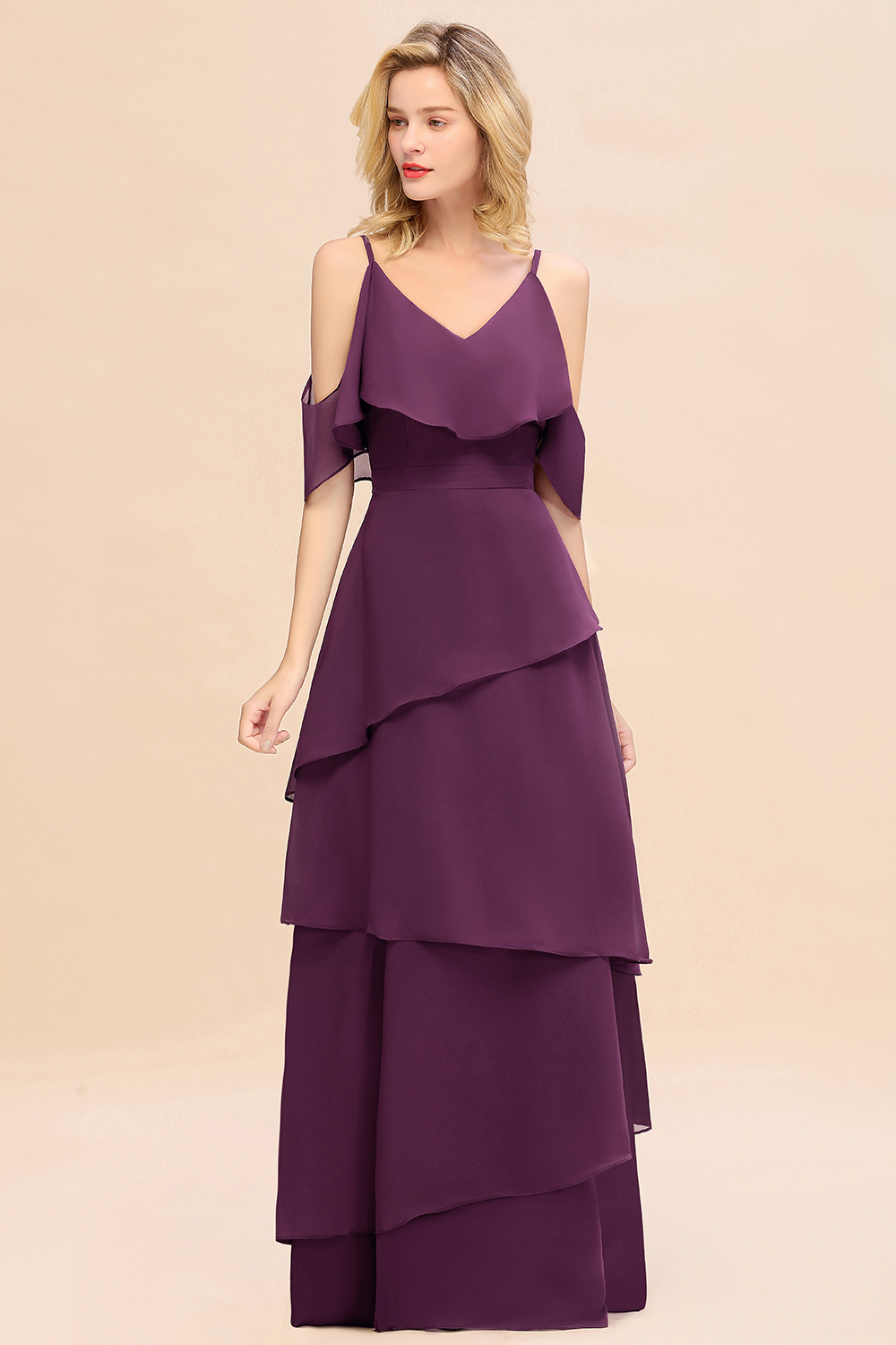 Beautiful Spaghetti Straps V-neck Cascading Ruffles A-line Floor-length Bridesmaid Dress