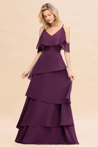 Beautiful Spaghetti Straps V-neck Cascading Ruffles A-line Floor-length Bridesmaid Dress