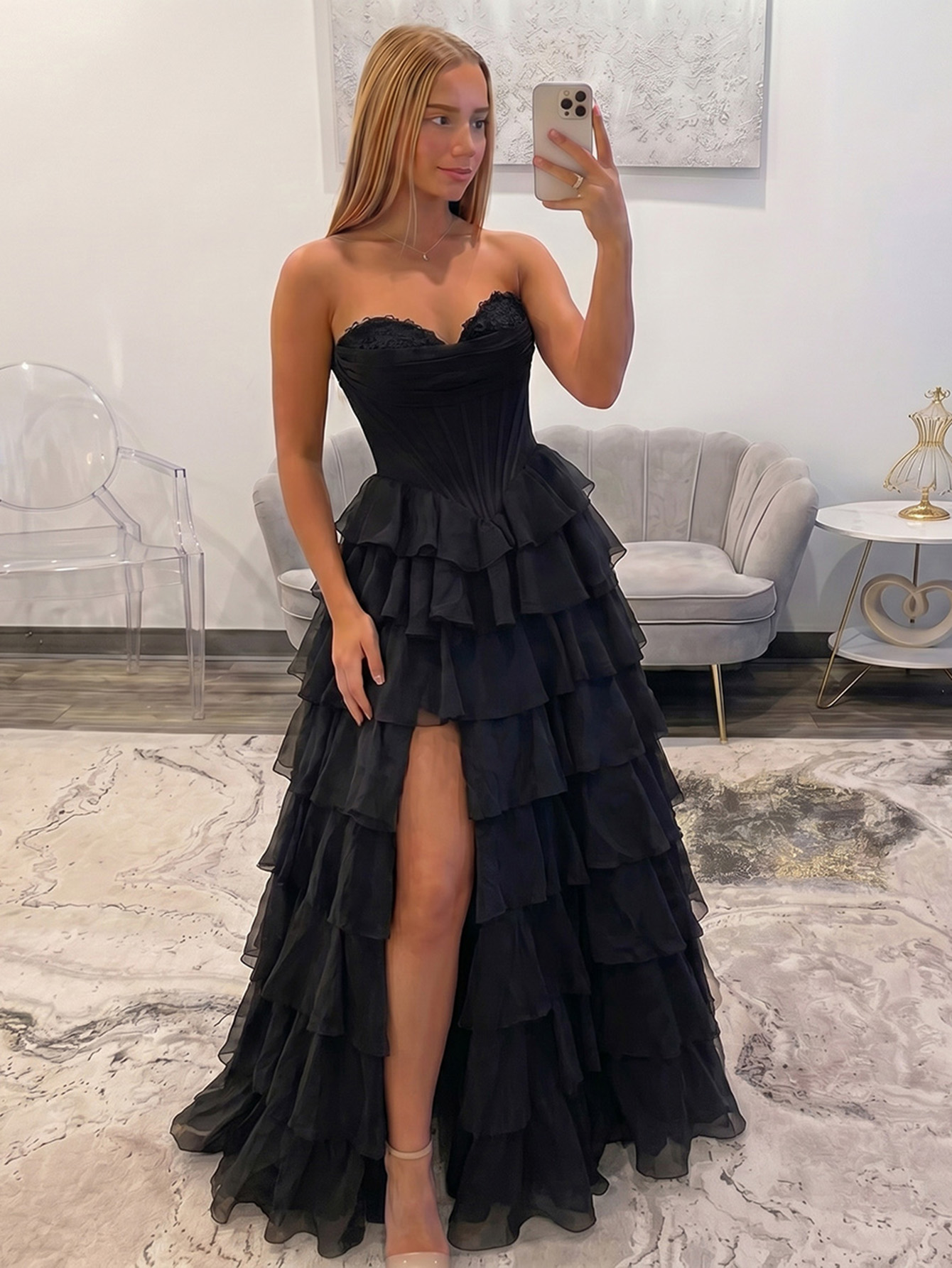 Blue Floral Strapless Silk Chiffon Corest Long A-line Prom Dress with Slit