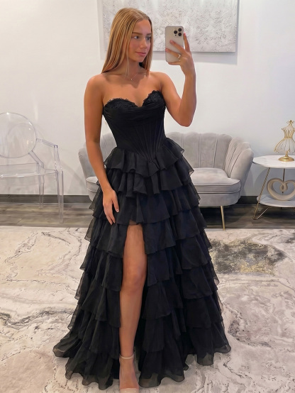 Blue Floral Strapless Silk Chiffon Corest Long A-line Prom Dress with Slit