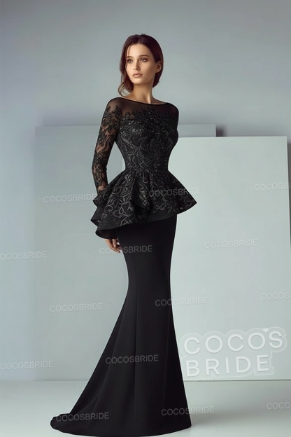 Modest Long Mermaid Lace Satin Formal Prom Dresses with Sleeves