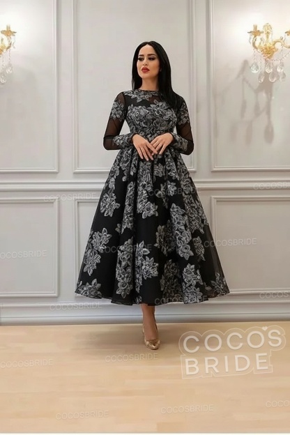 Elegant Short A-line High Neck Lace Ankle Length Formal Evening Dress with Sleeves