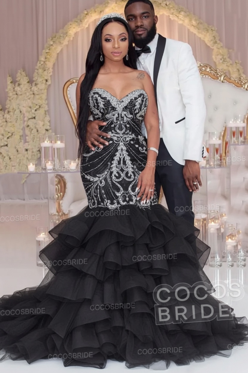 Luxury Long Strapless Ruffles Beaded Mermaid Wedding Dress