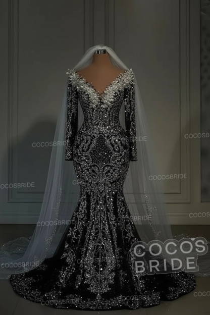 Luxury Long Mermaid Sweetheart Sequined Wedding Dresses with Sleeves