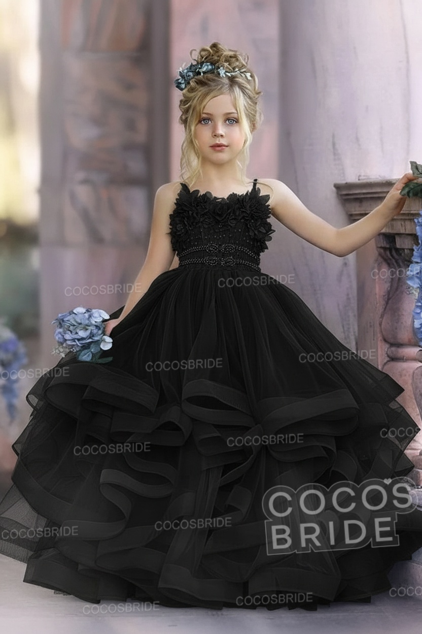 Cute Dusty Blue Long Spaghetti Straps Strapless Tulle Princess Flower Girl Dresses
