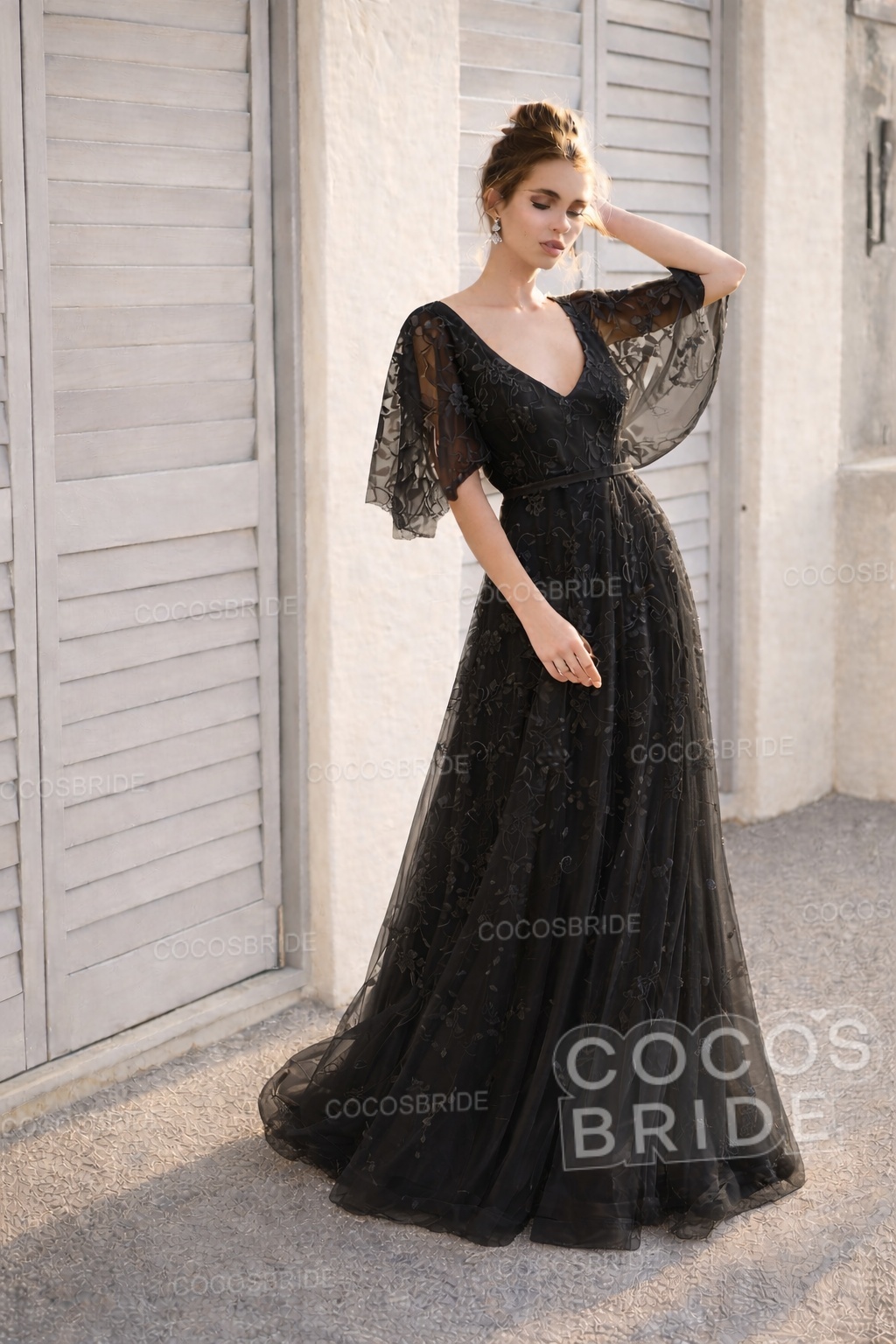 Long A-line V Neck Half Sleeves Lace Backless Boho Wedding Dresses