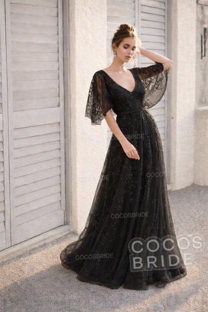 Long A-line V Neck Half Sleeves Lace Backless Boho Wedding Dresses