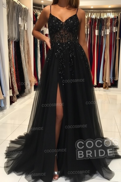 Long A-line V-neck Spaghetti Straps Open Back Prom Dress with Slit