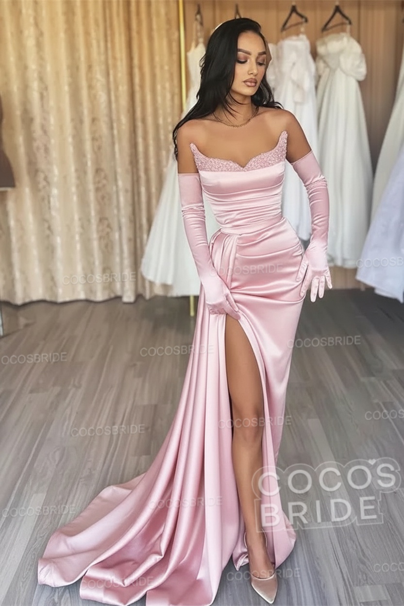 Black Long Mermaid Satin Sweetheart High Split Prom Dresses