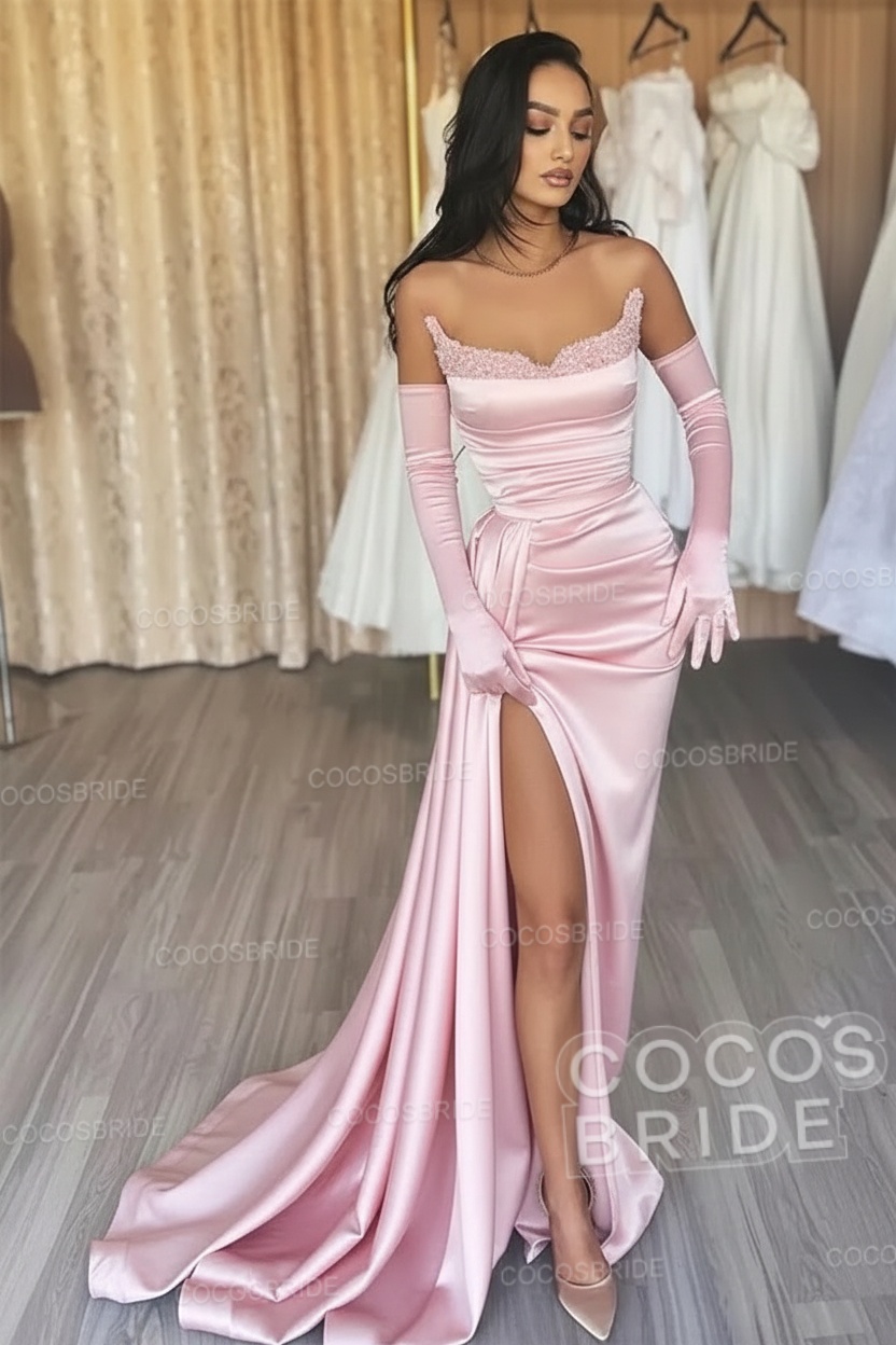 Black Long Mermaid Satin Sweetheart High Split Prom Dresses