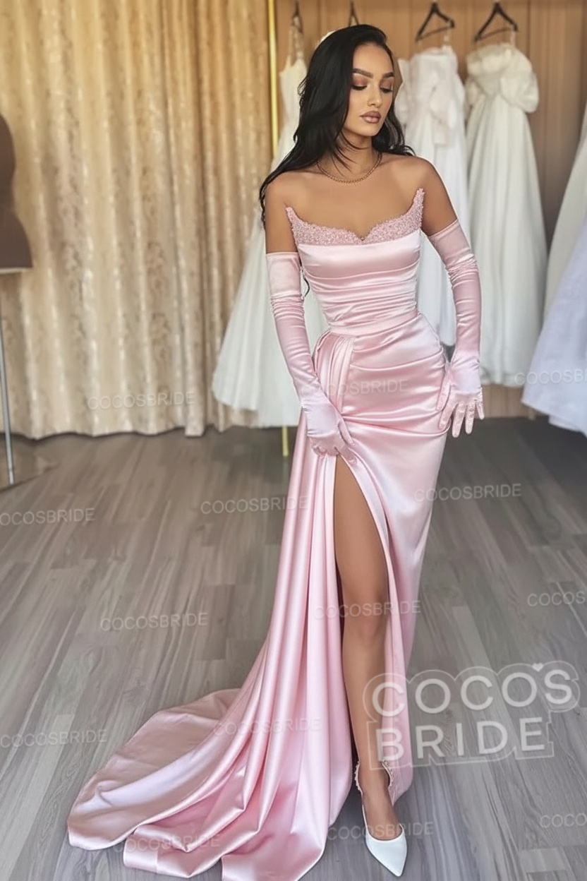 Black Long Mermaid Satin Sweetheart High Split Prom Dresses