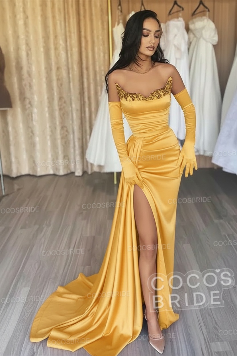 Black Long Mermaid Satin Sweetheart High Split Prom Dresses