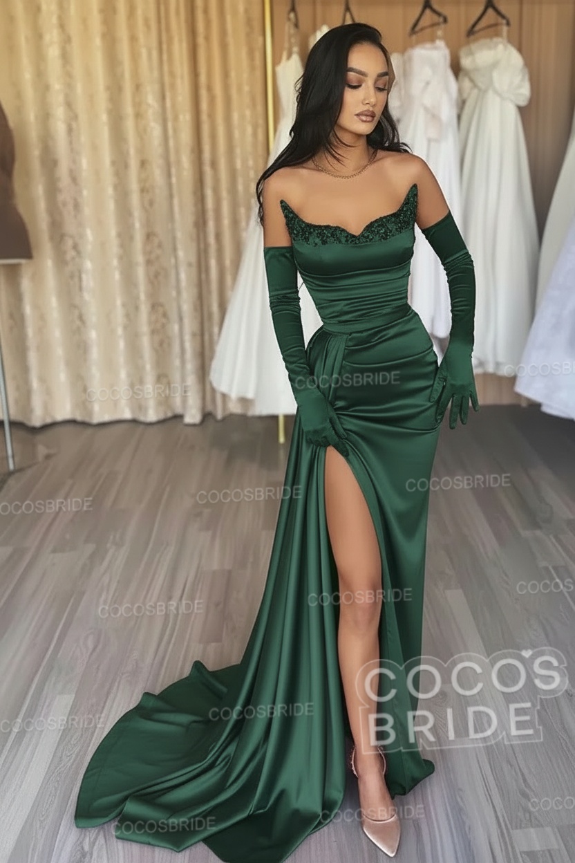 Black Long Mermaid Satin Sweetheart High Split Prom Dresses