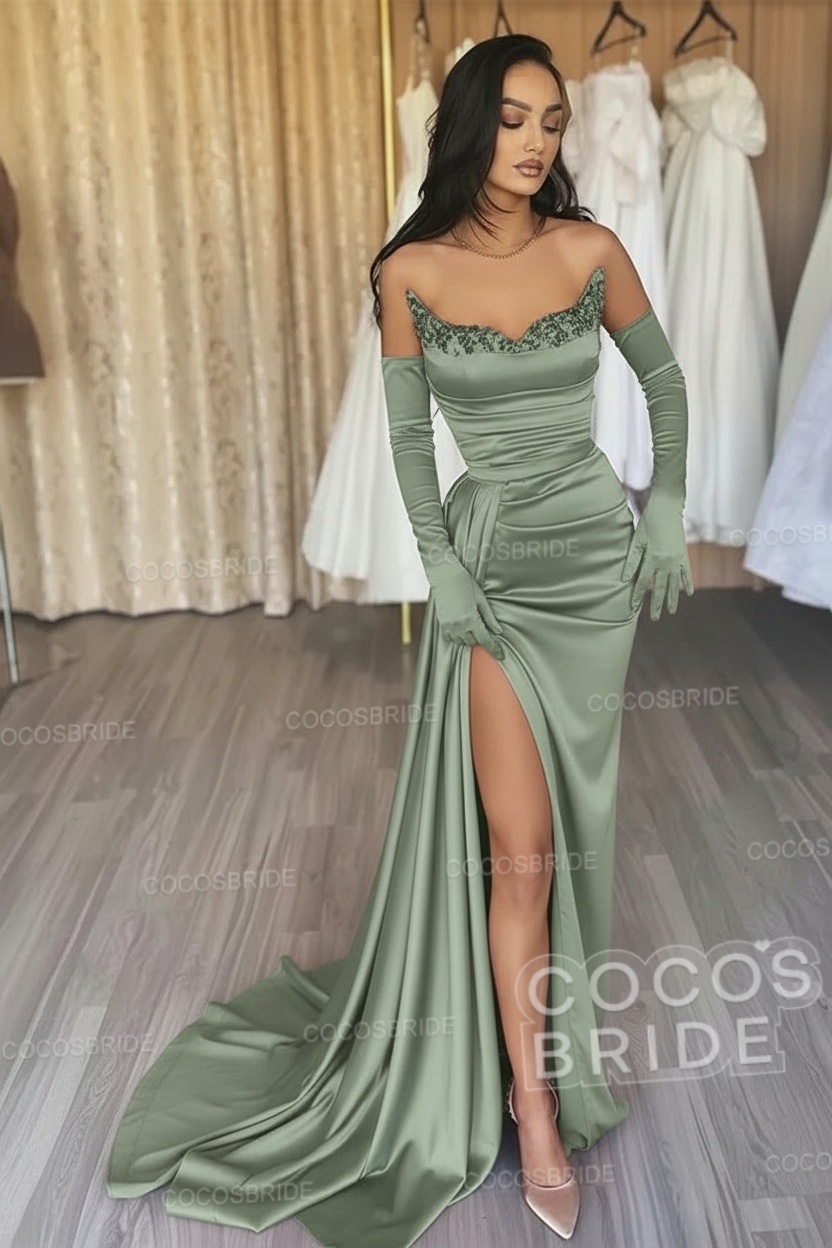 Black Long Mermaid Satin Sweetheart High Split Prom Dresses