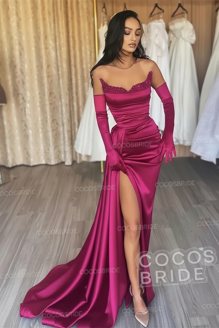 Black Long Mermaid Satin Sweetheart High Split Prom Dresses