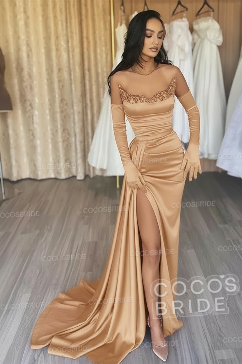 Black Long Mermaid Satin Sweetheart High Split Prom Dresses