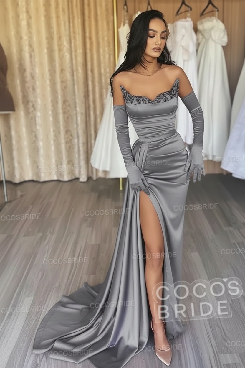 Black Long Mermaid Satin Sweetheart High Split Prom Dresses