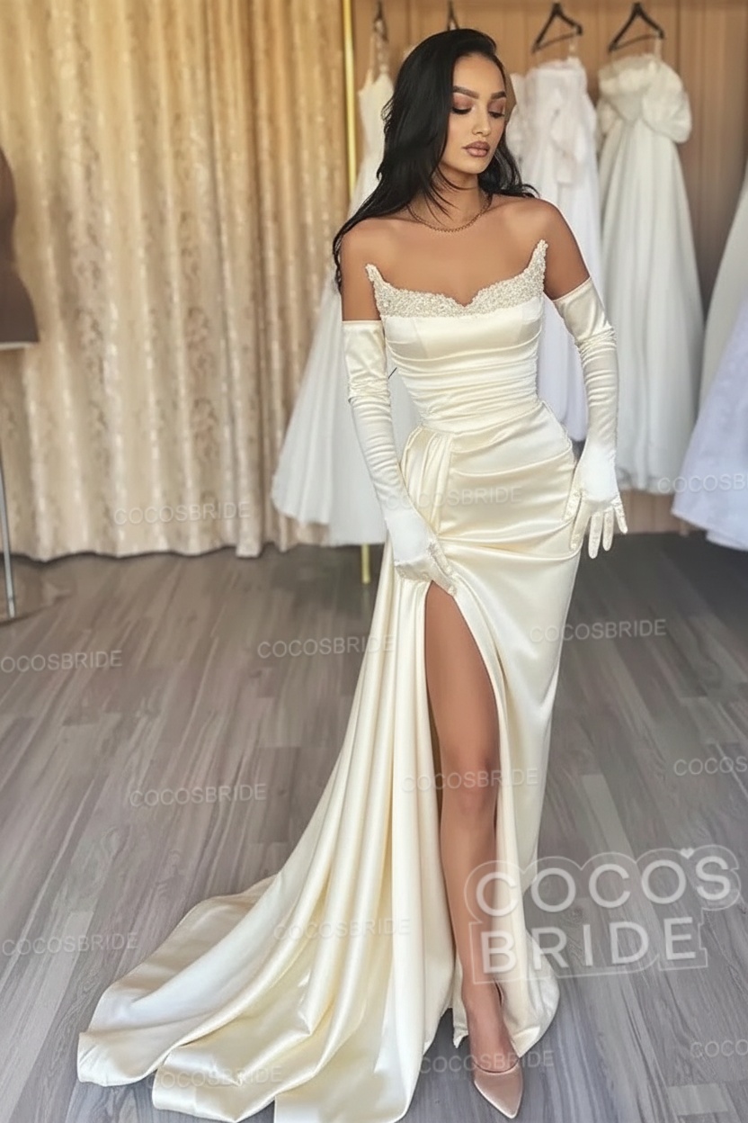 Black Long Mermaid Satin Sweetheart High Split Prom Dresses