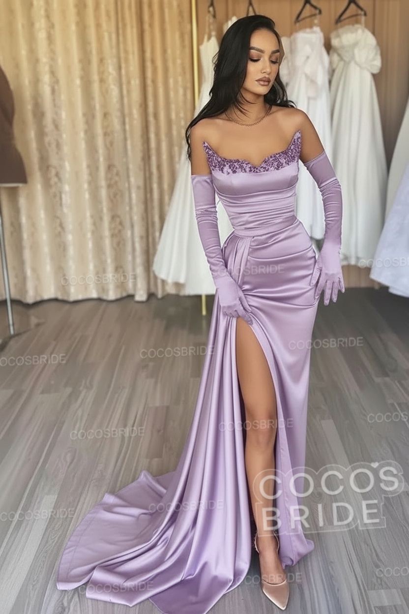 Black Long Mermaid Satin Sweetheart High Split Prom Dresses