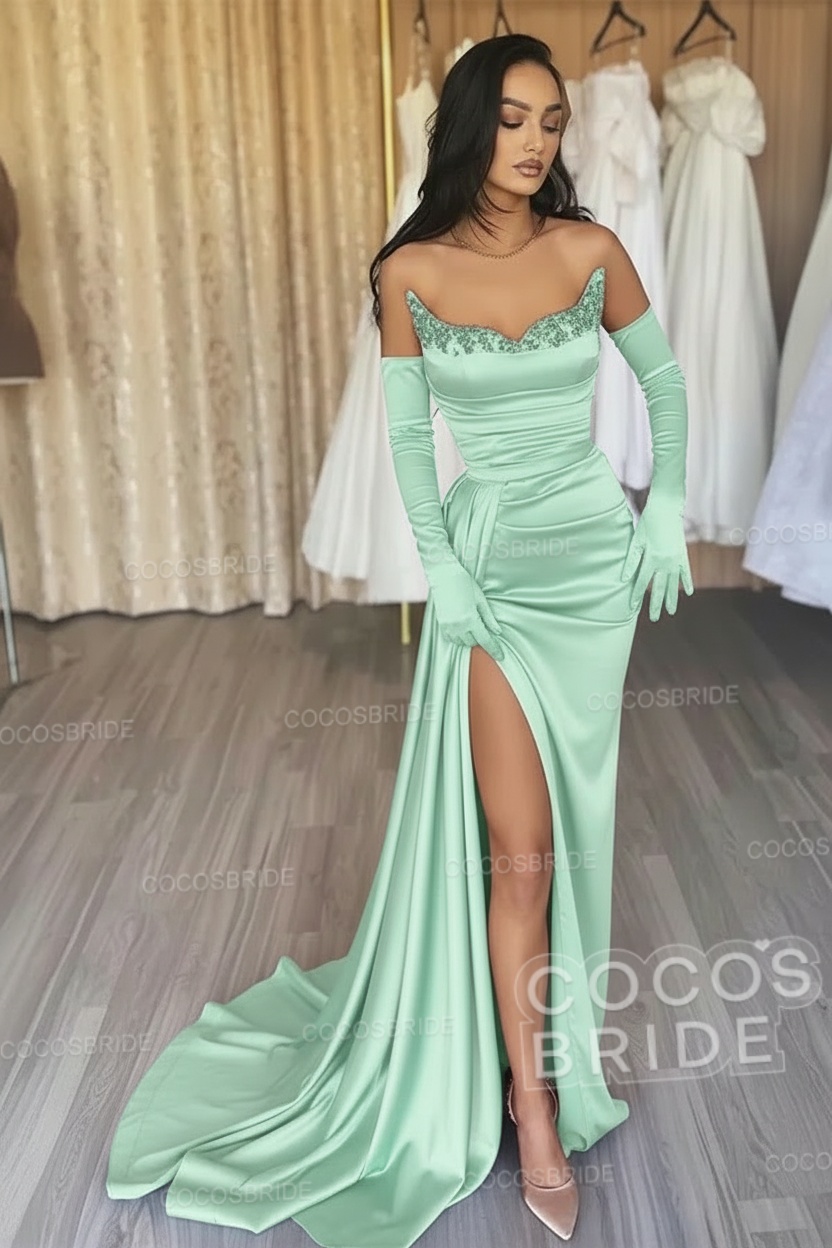 Black Long Mermaid Satin Sweetheart High Split Prom Dresses