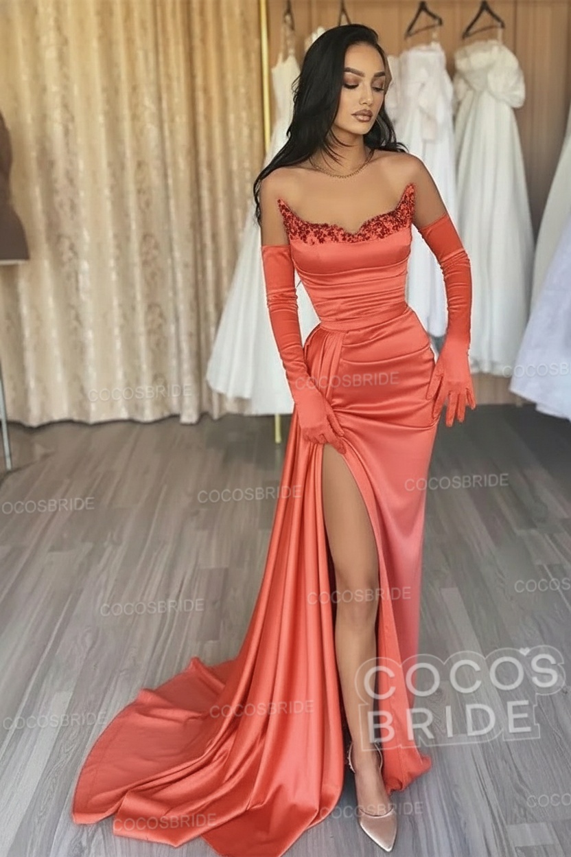 Black Long Mermaid Satin Sweetheart High Split Prom Dresses