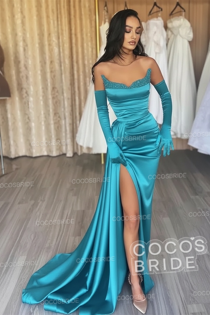 Black Long Mermaid Satin Sweetheart High Split Prom Dresses