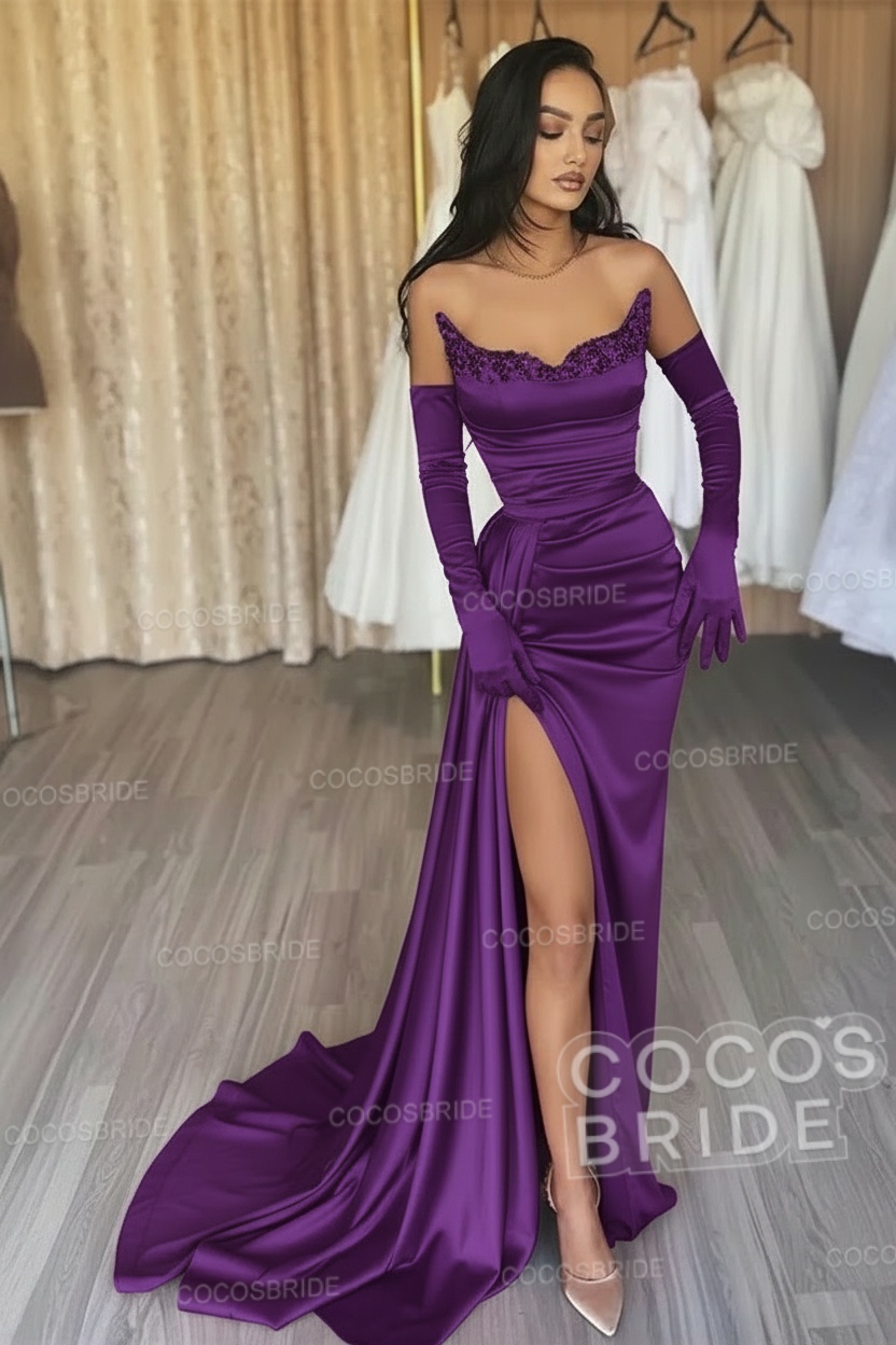 Black Long Mermaid Satin Sweetheart High Split Prom Dresses