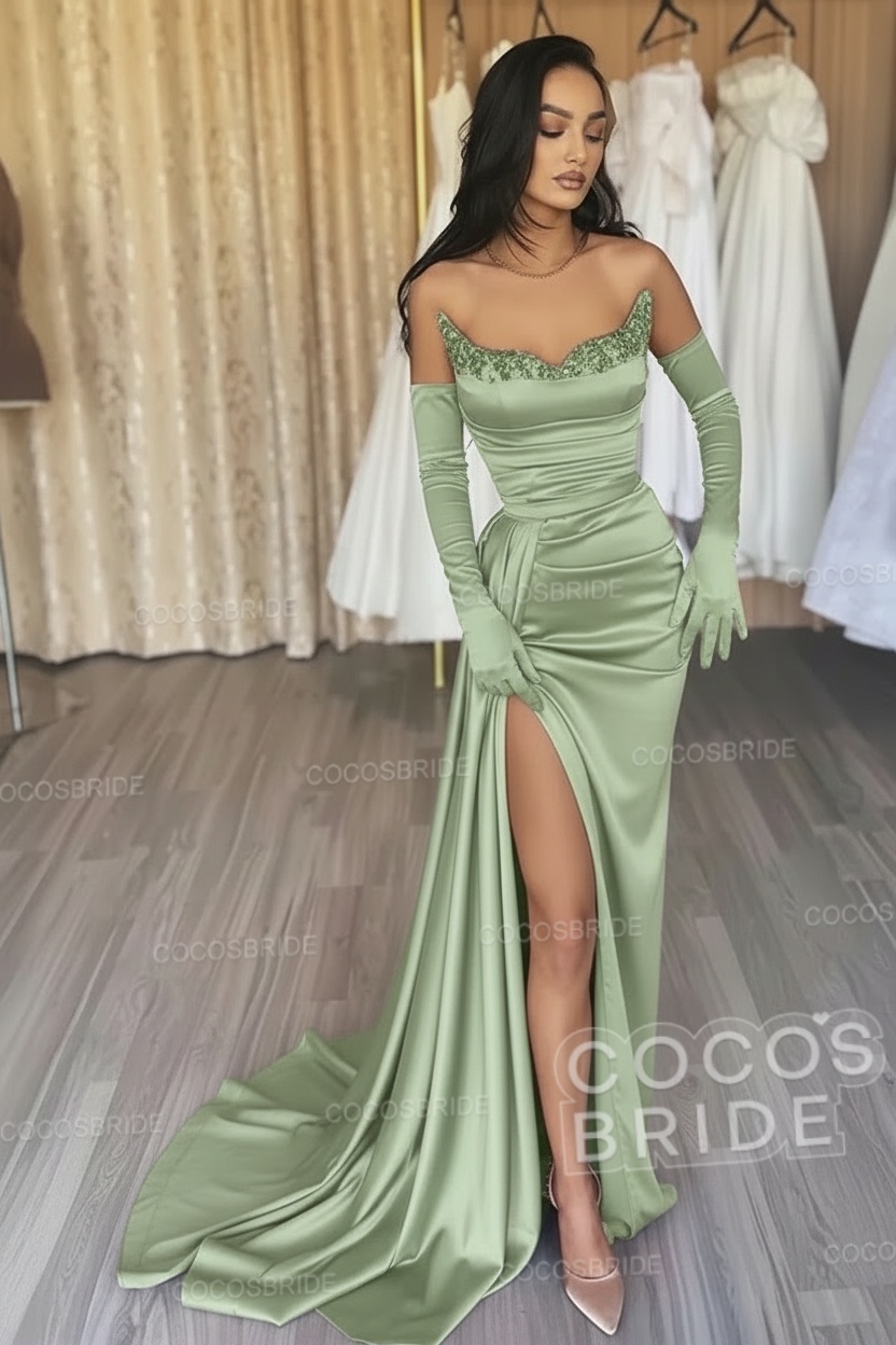 Black Long Mermaid Satin Sweetheart High Split Prom Dresses