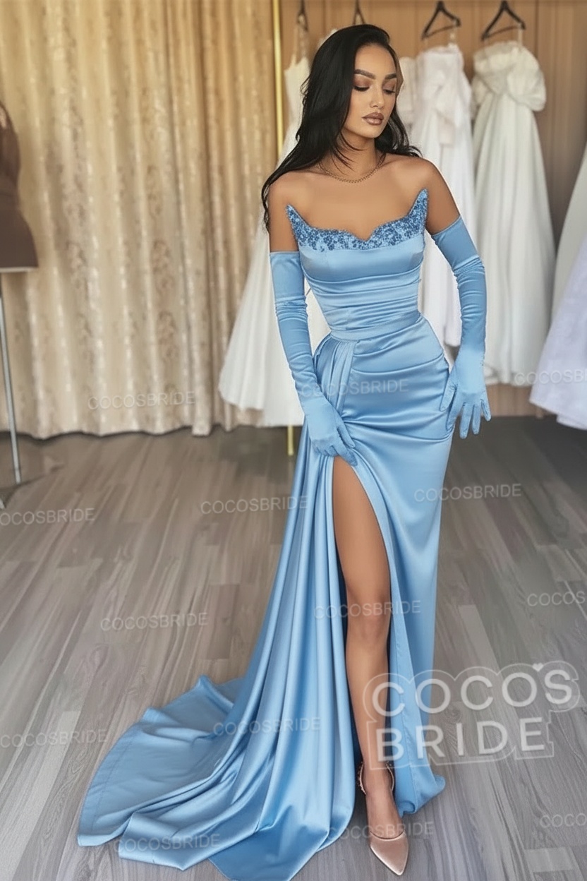 Black Long Mermaid Satin Sweetheart High Split Prom Dresses