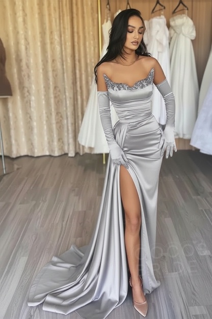 Black Long Mermaid Satin Sweetheart High Split Prom Dresses