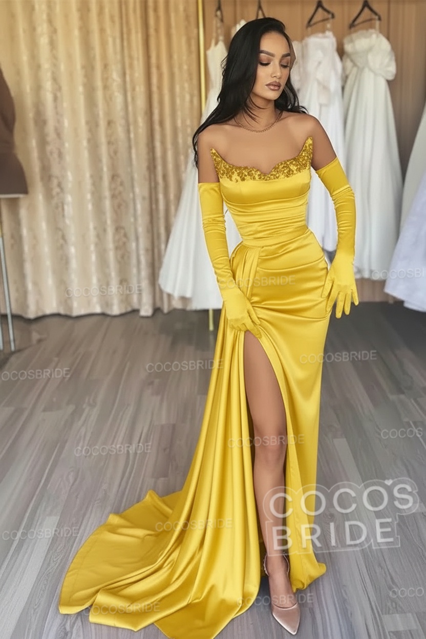 Black Long Mermaid Satin Sweetheart High Split Prom Dresses