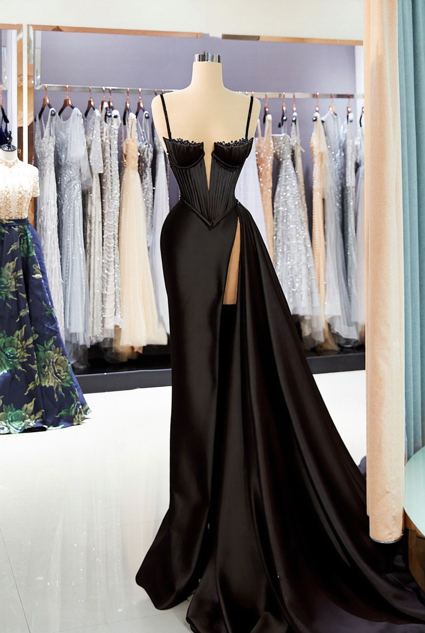 Black Long Mermaid Spaghetti Straps Satin Prom Dress with Slit