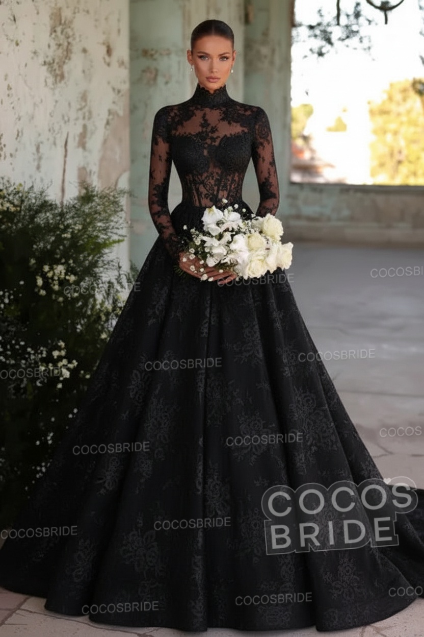 Long Sleeve High Neck A-Line Tulle Wedding Dress with Lace Applique