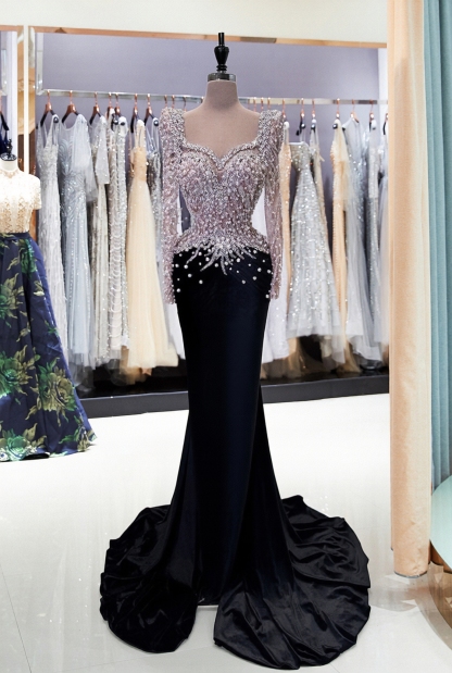 Black Long Sleeve Mermaid Sweetheart Prom Dress with Beads