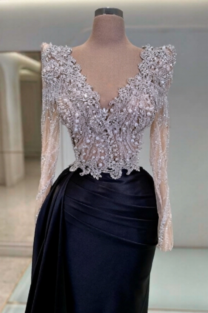 Black Long Sleeves Mermaid V-Neck Sequined Satin Prom Dresses with Beads