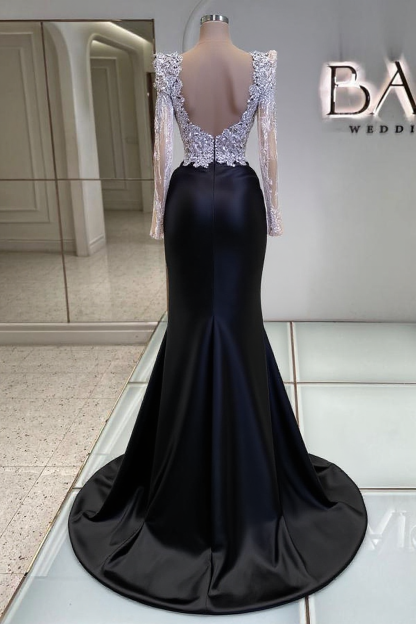 Black Long Sleeves Mermaid V-Neck Sequined Satin Prom Dresses with Beads