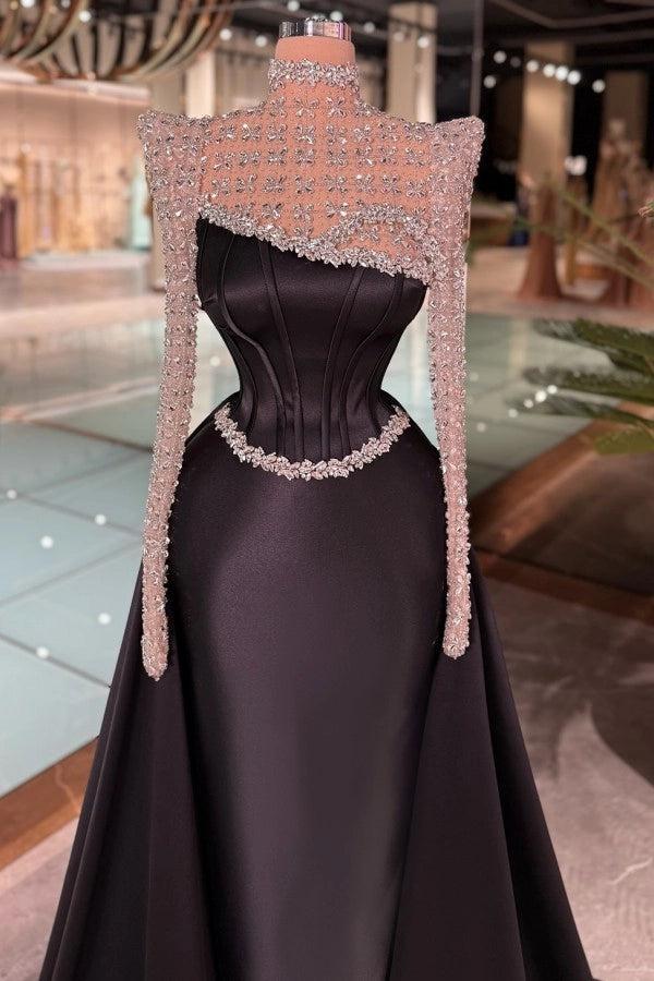 Cocosbride Black Long Sleeves A-line Satin Evening Dress with Rhinestones