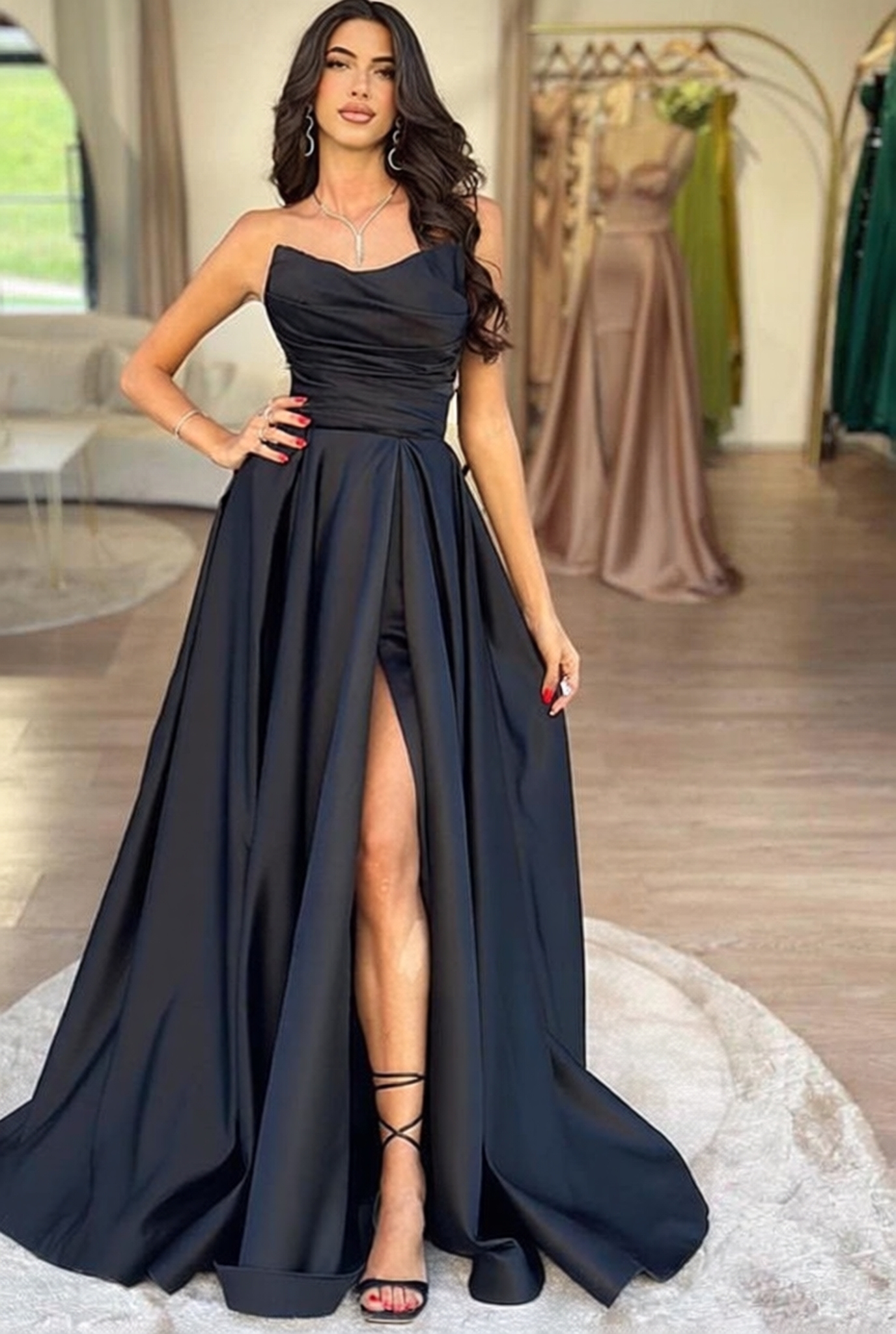 Black Long Strapless A-Line Satin Prom Dress with Split
