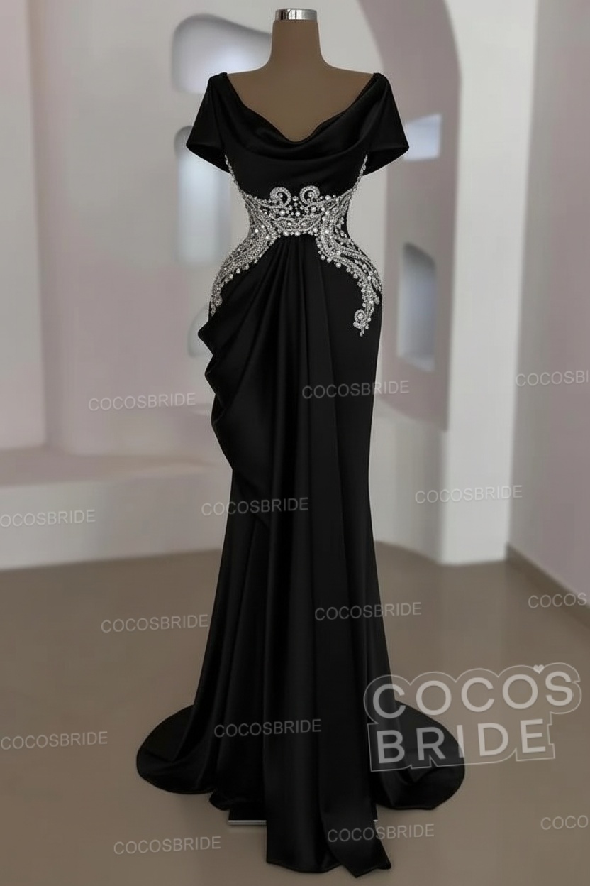 Mermaid Cowl Neck Satin Long Prom Dresses with Short Sleeves