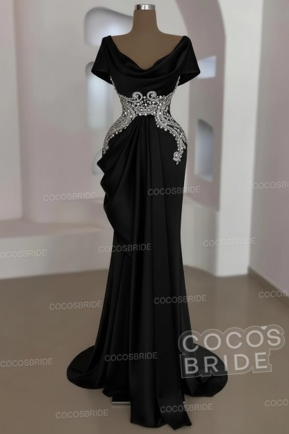 Mermaid Cowl Neck Satin Long Prom Dresses with Short Sleeves