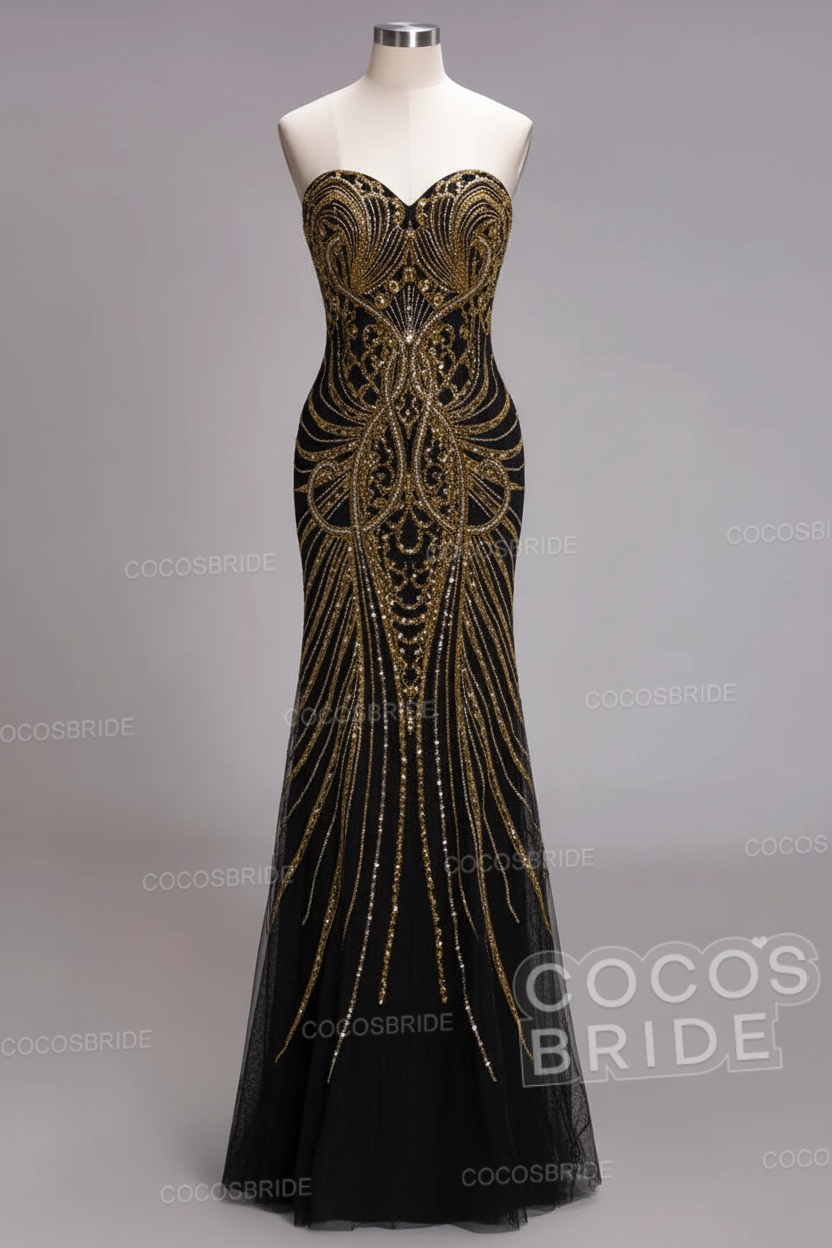 Mermaid Strapless Sweetheart Long Sequined Formal Evening Dresses with Beads