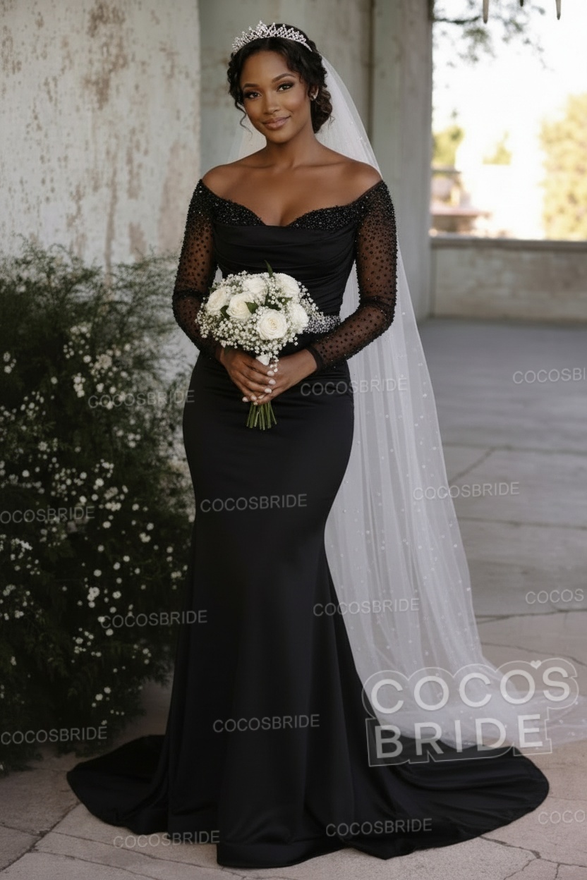 Off-the-Shoulder Long Mermaid Wedding Dresses with Beaded