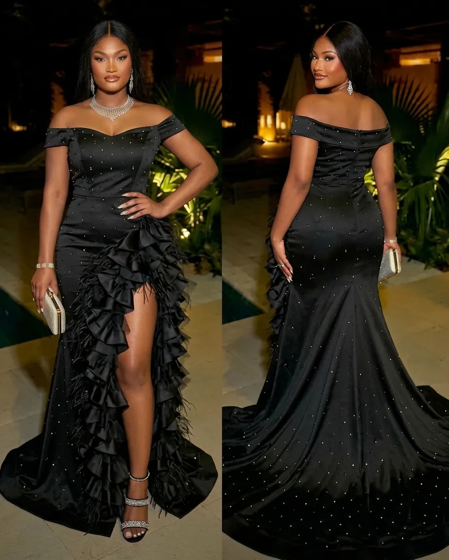 Black Off-the-Shoulder Mermaid Prom Dress with Ruffle High Slit