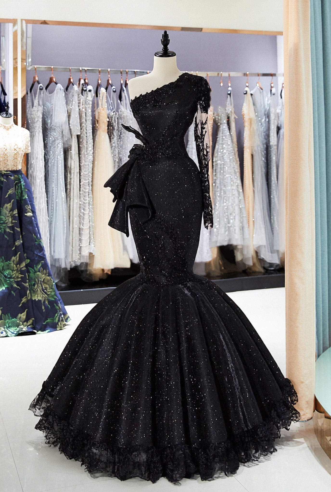 Black One Shoulder Long Sleeve Appliques Lace Sequins Mermaid Formal Dress