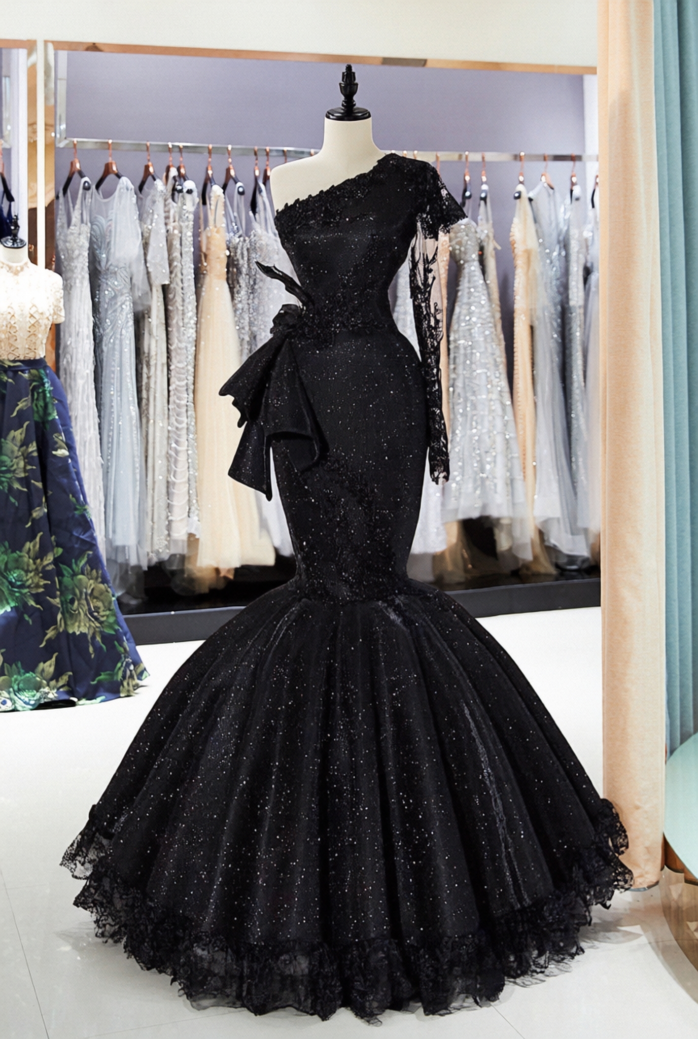 Black One Shoulder Long Sleeve Appliques Lace Sequins Mermaid Formal Dress